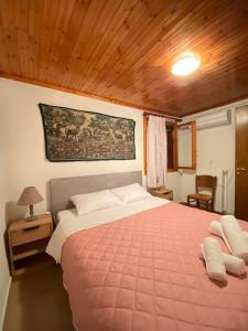 a bedroom with a large bed with a red blanket at Iria's Cosy House, BBQ, garden, indoor fireplace in Sparta