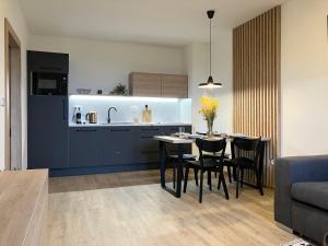kuchnia i jadalnia ze stołem i krzesłami w obiekcie Apartmán Nahoře w mieście Vacov