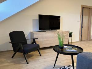 salon z krzesłem i telewizorem w obiekcie Apartmán Nahoře w mieście Vacov