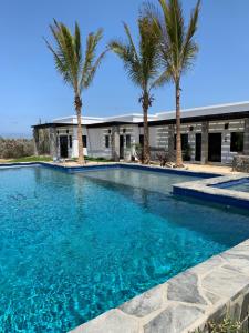 a swimming pool with palm trees in front of a house at Las Palmas Hotel - Cerritos Beach in El Pescadero