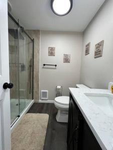 a bathroom with a toilet and a shower and a sink at Casa Rosado @ Pocono II by Lake Hot Tub Camelback in Tobyhanna