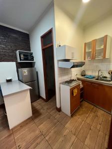 una pequeña cocina con fregadero y nevera. en Apartamentos Cerro Blanco, en Santiago