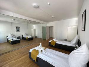 Großes Zimmer mit 2 Betten und einem Spiegel in der Unterkunft Shared Apartment at Heumarkt, City Center in Köln