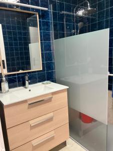 La salle de bains est pourvue d'un lavabo, d'une douche et d'un miroir. dans l'établissement CASA AYARAN, à Baeza