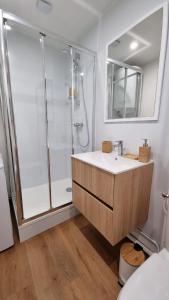 een badkamer met een douche en een wastafel bij Cristal 2 in Issoire