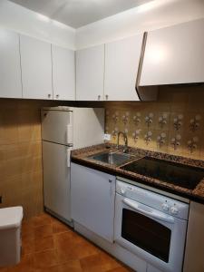 a kitchen with white cabinets and a sink and a refrigerator at Estudio con vistas a la ciudad in Ourense