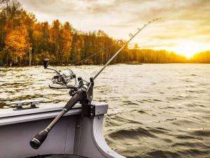 a fishing rod on the side of a boat on a lake at 5 person holiday home in BILLINGFORS in Billingsfors