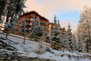 eine Lodge im Wald im Schnee in der Unterkunft Hotel Royal in Crans-Montana