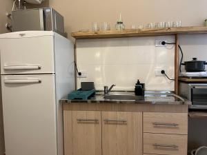 a kitchen with a white refrigerator and a sink at Hermoso departamento sobre la peatonal estacionamiento incluido in Concordia