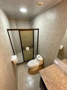 La salle de bains est pourvue de toilettes et d'un miroir. dans l'établissement Hotel Wilson Condega, à Liberia