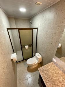 a bathroom with a toilet and a mirror at Hotel Wilson Condega in Liberia