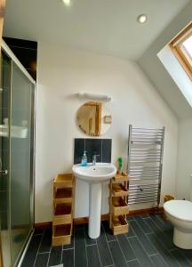 een badkamer met een wastafel, een douche en een toilet bij Teaghlach, Cairngorms - Escape Cottages Scotland in Newtonmore