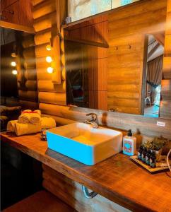 a bathroom counter with a sink and a mirror at Tedesco Eco Park in São Francisco de Paula