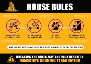 a sign that warns of house rules andwarning signs at Willowbank Road Apartments - Grampian Lettings Ltd in Aberdeen