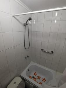 y baño con bañera, aseo y ducha. en Hostal y Cabañas Maribel Zuñiga en Valdivia