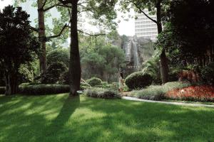a person walking through a park with a frisbee at The Garden Hotel Guangzhou in Guangzhou
