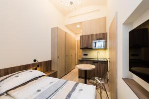 プラハにあるOstrovni Astra Apartmentのベッドルーム1室(ベッド1台付)、小さなキッチンが備わります。
