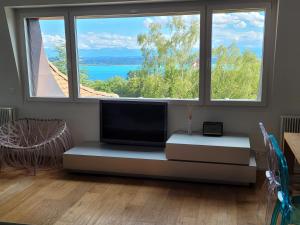 a living room with a tv and a large window at 3-bedroom apartment with spectacular view in Neuchâtel