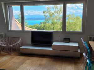 ein Wohnzimmer mit Fernseher und großem Fenster in der Unterkunft 3-bedroom apartment with spectacular view in Neuenburg