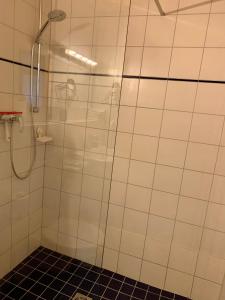 La salle de bains est pourvue d'une douche et de carrelage noir. dans l'établissement Schöne Wohnung in der Nähe von Schwäbisch Hall, à Rieden