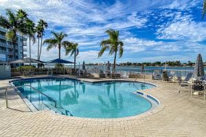 a swimming pool with chairs and palm trees and the water at Pearl of the Sea in St Petersburg