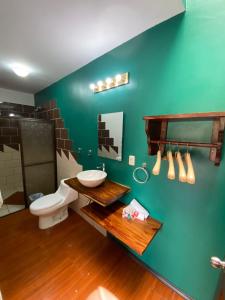 a green bathroom with a sink and a toilet at Hotel Wilson Upala in Upala