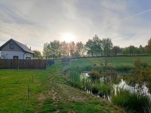 une maison dans un champ à côté d'un étang dans l'établissement Siedlisko Dwa Żurawie - Uroczy domek nad stawem, z kominkiem, obok konie, 