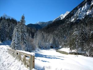 eine Holzbank im Schnee neben einem Berg in der Unterkunft Vitranc Boutique Hotel in Kranjska Gora