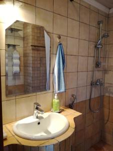 uma casa de banho com um lavatório e um chuveiro em Pokój 2-osobowy z balkonem em Gdansk