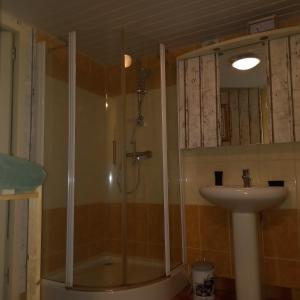 un baño con ducha y lavabo en Logement unique dans le Lot, en Leyme