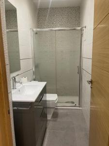 a bathroom with a shower and a toilet and a sink at UIM Mediterraneo PB Libertad Wifi in Puerto de Sagunto
