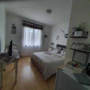 1 dormitorio con 1 cama y escritorio con TV en Verolithos, en Narrosse