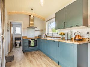 a kitchen with blue cabinets and a sink at Ponsford Ponds - Goosedown Lodge in Cullompton