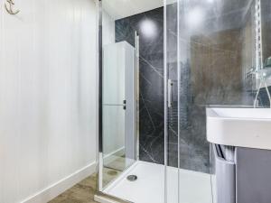 a bathroom with a shower and a sink at Ponsford Ponds - Goosedown Lodge in Cullompton