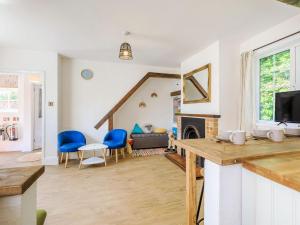Haven Cottage في Berrow: غرفة معيشة بها موقد وكراسي زرقاء