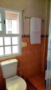 a bathroom with a toilet and a window and a shower at Sea view apartment in Alcalá in Alcalá