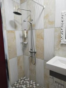 a bathroom with a shower and a sink at Nais cottage in Cape Town
