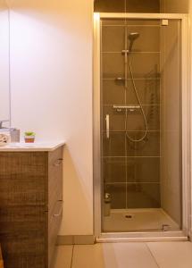 a bathroom with a shower with a glass door at LE TRESUM - Garage, Balcon & Vue lac! in Annecy