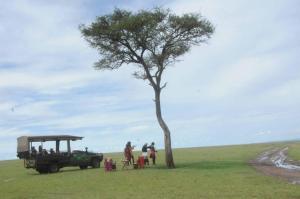 eine Gruppe von Menschen, die neben einem Baum stehen in der Unterkunft Castel Mara Camp in Masai Mara