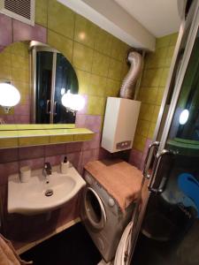 La salle de bains est pourvue d'un lavabo et d'un miroir. dans l'établissement Słoneczne Pokoje, à Gliwice
