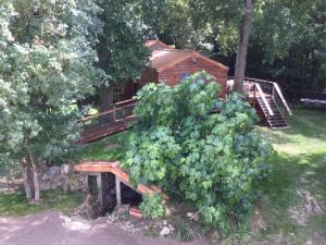 ein großer Busch vor einer Blockhütte in der Unterkunft COLIBRI LOC - insolite - 3 étoiles - PARC - ETANG - FAMILLES - SOIREE OK in Brigné