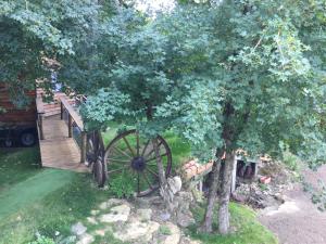 una vieja rueda de carruaje sentada junto a un árbol en COLIBRI LOC - insolite - 3 étoiles - PARC - ETANG - FAMILLES - SOIREE OK en Brigné