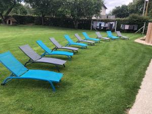 a row of blue lawn chairs sitting in the grass at Logement 4 personnes avec piscine intérieure 31 degrés zoo de la FLECHE 24 h du Mans in La Flèche