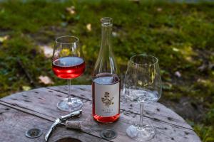 two glasses of wine sitting on a wooden table at Folwark in Wierzchowiska