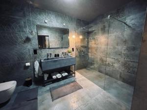 ein Bad mit einem Waschbecken und einer Dusche in der Unterkunft Apartament na Ogrodowej in Nidzica