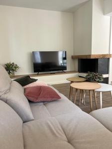 Appart'Alencon في ألونسون: غرفة معيشة مع أريكة وتلفزيون بشاشة مسطحة