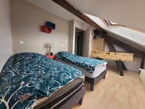 2 Betten in einem Zimmer mit Dachgeschoss in der Unterkunft Le Trésor des Vosges Appartement spacieux et lumineux 80m2 idéal famille 4 à 6 personnes in Gérardmer