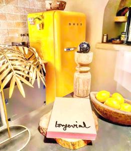 um balcão de cozinha com um frigorífico amarelo e uma placa em La Maison du Trident en Camargue Piscine et Jacuzzi em Vauvert