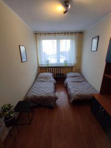 - 2 lits dans une chambre avec fenêtre dans l'établissement Słoneczne Pokoje, à Gliwice