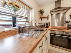 a kitchen with a sink and a counter top at Llanfair Hill Cottage in Cwrt-newydd